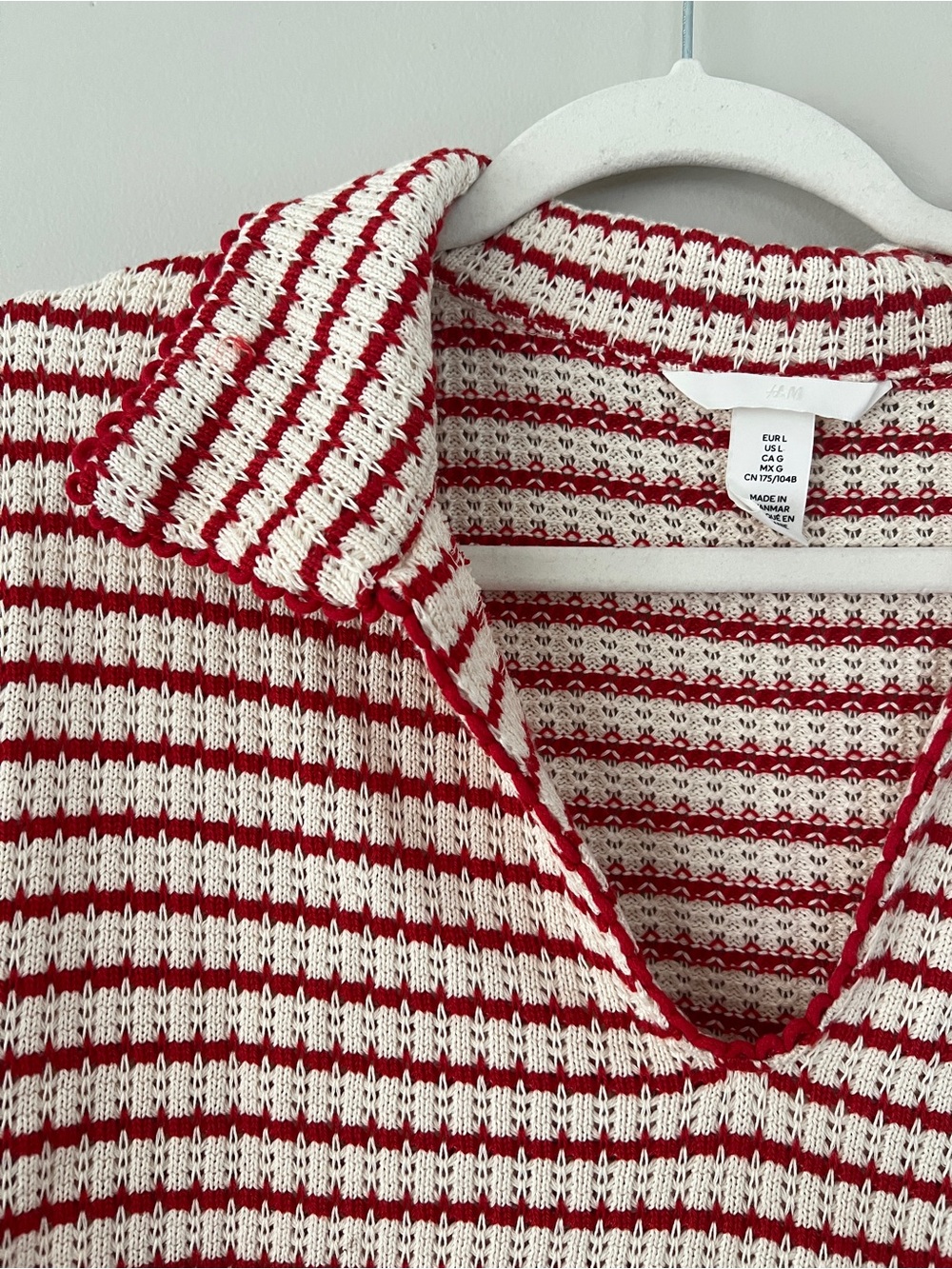 H&M Red and White Striped Knit Short Sleeve Polo Tee